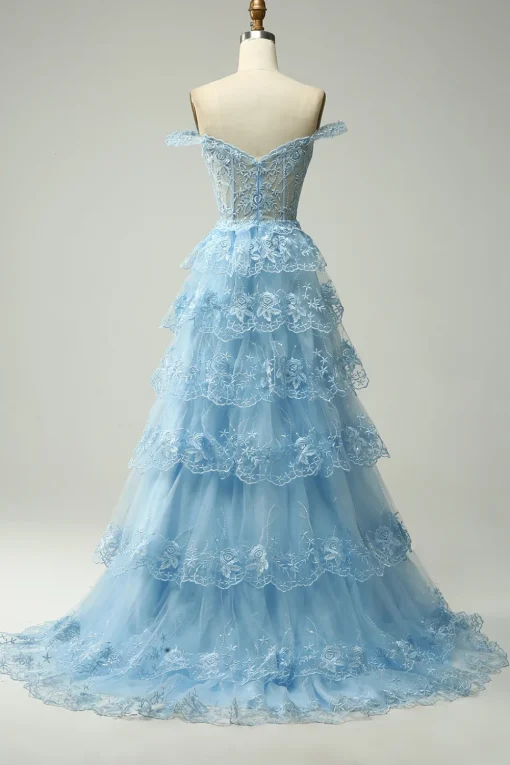 Off Shoulder Layered Blue Prom Dress with Slit