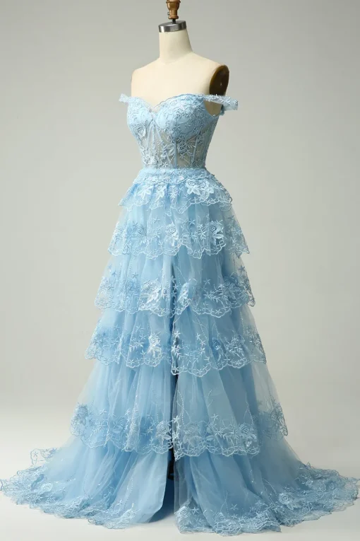 Off Shoulder Layered Blue Prom Dress with Slit