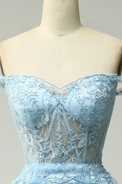 Off Shoulder Layered Blue Prom Dress with Slit
