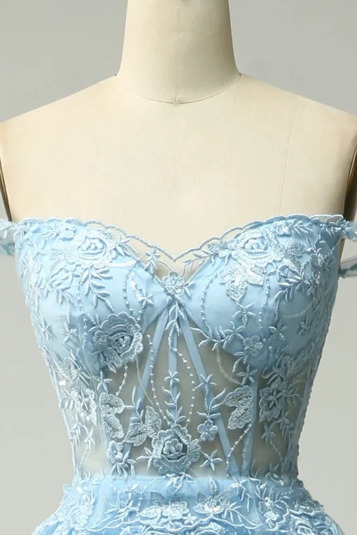 Off Shoulder Layered Blue Prom Dress with Slit