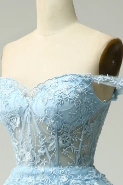 Off Shoulder Layered Blue Prom Dress with Slit