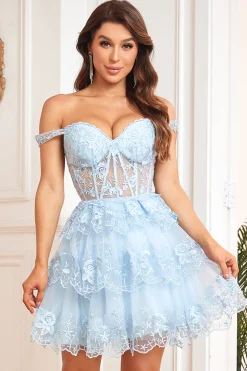 Off the Shoulder A Line Blue Corset Graduation Dress with Lace