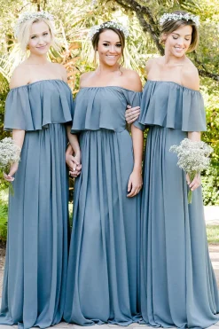 Off the Shoulder A Line Blue Chiffon Bridesmaid Dress with Pleated