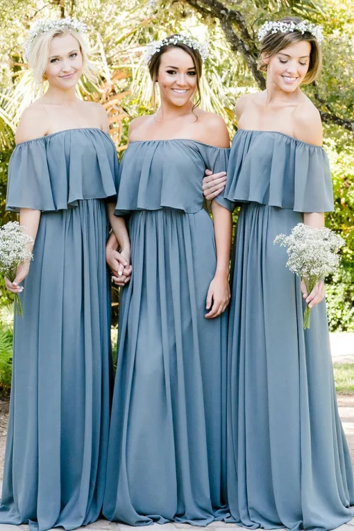 Off the Shoulder A Line Blue Chiffon Bridesmaid Dress with Pleated