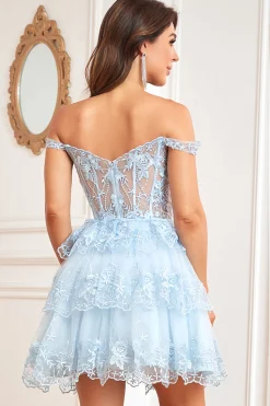 Off the Shoulder A Line Blue Corset Graduation Dress with Lace