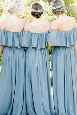 Off the Shoulder A Line Blue Chiffon Bridesmaid Dress with Pleated