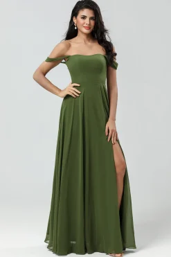 Off The Shoulder A Line Olive Bridesmaid Dress with Slit