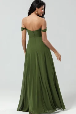 Off The Shoulder A Line Olive Bridesmaid Dress with Slit