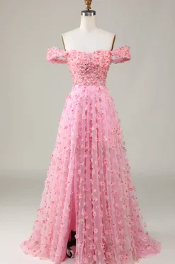 Off The Shoulder A-line Pink Long Bridesmaid Dress with 3D Flowers