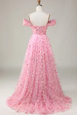 Off The Shoulder A-line Pink Long Bridesmaid Dress with 3D Flowers