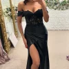 Off the Shoulder Black Appliques Corset Long Prom Dress with Slit