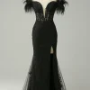 Off the Shoulder Black Mermaid Prom Dress with Feathers