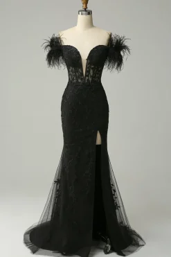 Off the Shoulder Black Mermaid Prom Dress with Feathers