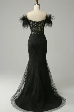 Off the Shoulder Black Mermaid Prom Dress with Feathers
