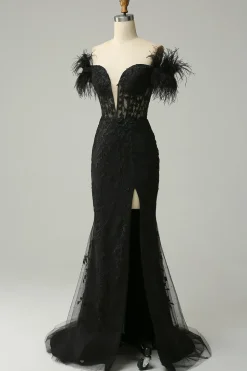 Off the Shoulder Black Mermaid Prom Dress with Feathers