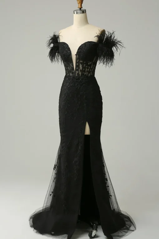 Off the Shoulder Black Mermaid Prom Dress with Feathers