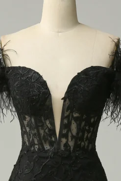 Off the Shoulder Black Mermaid Prom Dress with Feathers