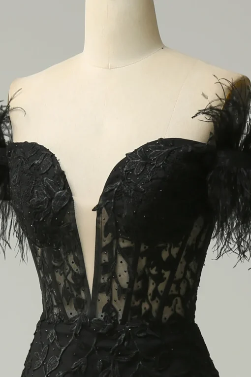 Off the Shoulder Black Mermaid Prom Dress with Feathers