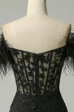 Off the Shoulder Black Mermaid Prom Dress with Feathers