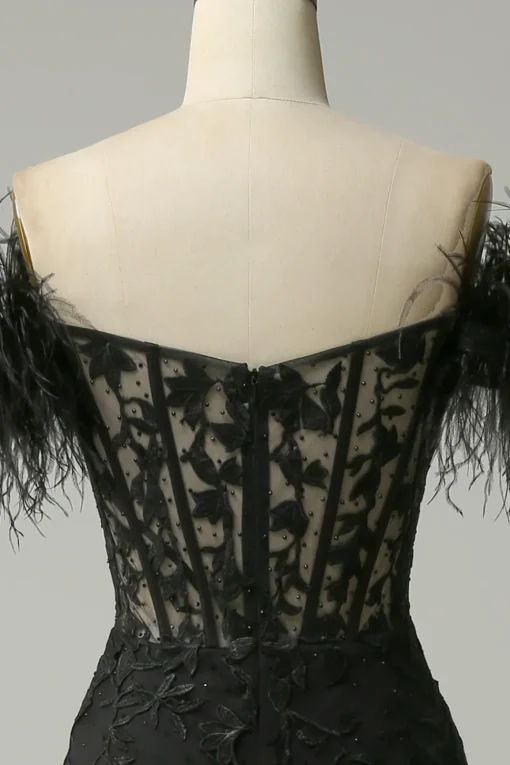 Off the Shoulder Black Mermaid Prom Dress with Feathers