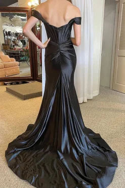 Off The Shoulder Black Satin Corset Prom Dress with Slit