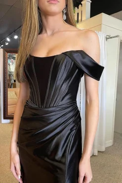 Off The Shoulder Black Satin Corset Prom Dress with Slit