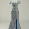 Off the Shoulder Blue Glitter Mermaid Prom Dress with Slit