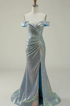 Off the Shoulder Blue Glitter Mermaid Prom Dress with Slit