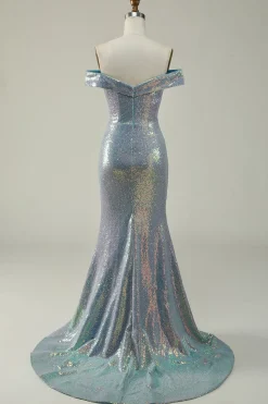 Off the Shoulder Blue Glitter Mermaid Prom Dress with Slit