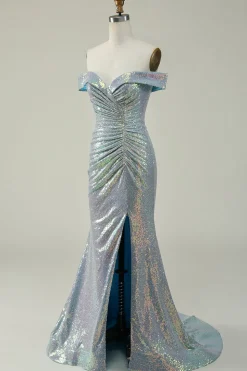 Off the Shoulder Blue Glitter Mermaid Prom Dress with Slit