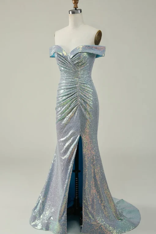 Off the Shoulder Blue Glitter Mermaid Prom Dress with Slit