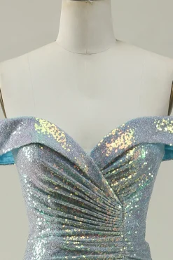 Off the Shoulder Blue Glitter Mermaid Prom Dress with Slit