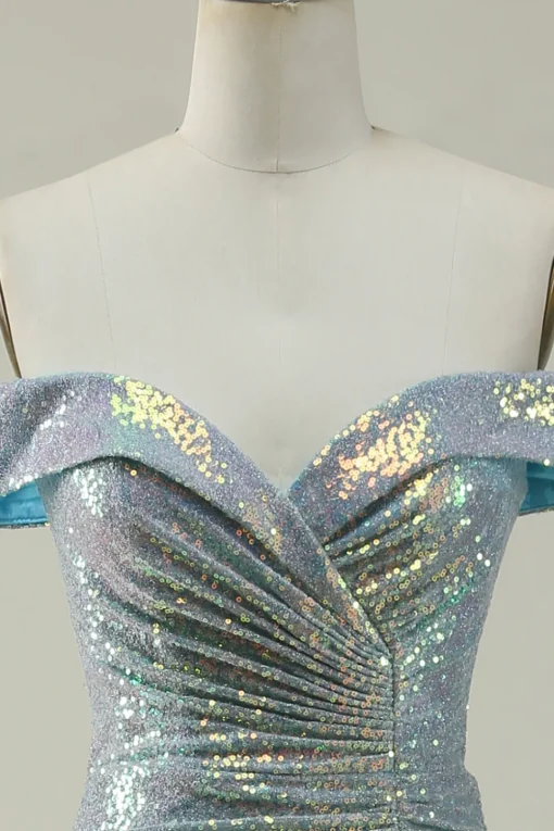 Off the Shoulder Blue Glitter Mermaid Prom Dress with Slit