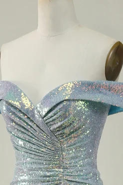 Off the Shoulder Blue Glitter Mermaid Prom Dress with Slit