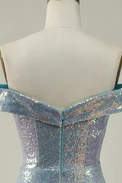 Off the Shoulder Blue Glitter Mermaid Prom Dress with Slit