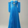 Off The Shoulder Blue Prom Dress with Ruffles