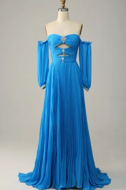 Off The Shoulder Blue Prom Dress with Ruffles