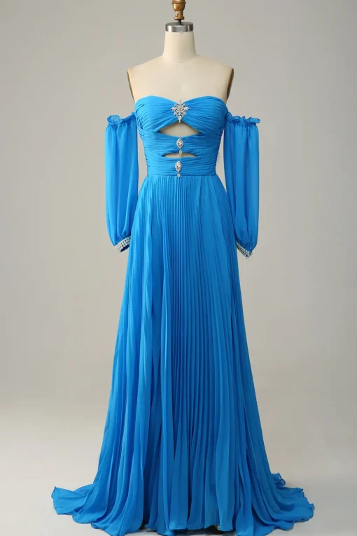 Off The Shoulder Blue Prom Dress with Ruffles