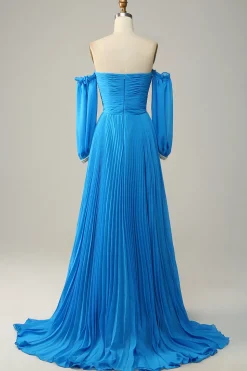 Off The Shoulder Blue Prom Dress with Ruffles