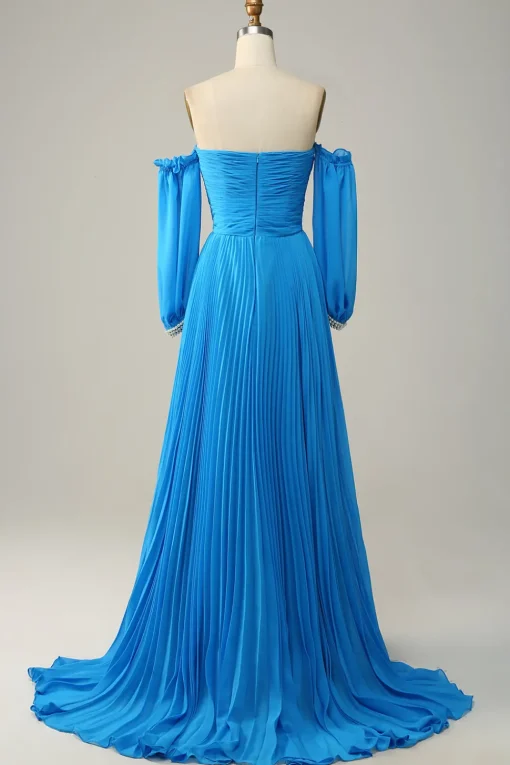 Off The Shoulder Blue Prom Dress with Ruffles