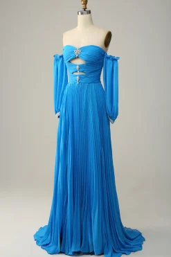Off The Shoulder Blue Prom Dress with Ruffles