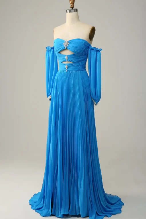 Off The Shoulder Blue Prom Dress with Ruffles