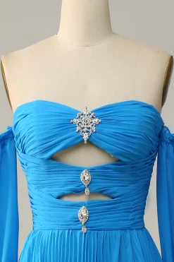 Off The Shoulder Blue Prom Dress with Ruffles