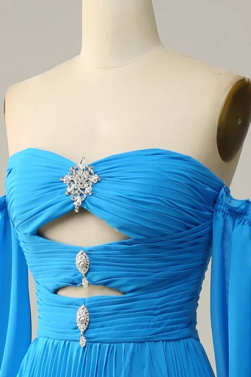 Off The Shoulder Blue Prom Dress with Ruffles