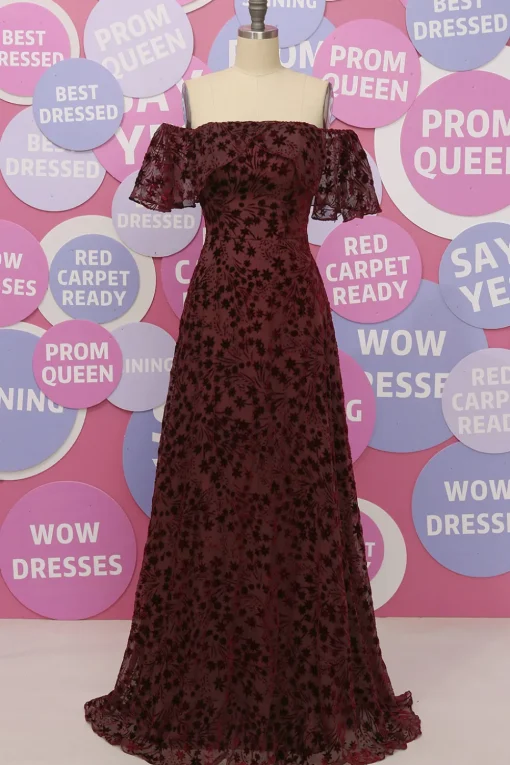 Off The Shoulder Burgundy Flower Lace Formal Dress