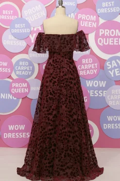 Off The Shoulder Burgundy Flower Lace Formal Dress