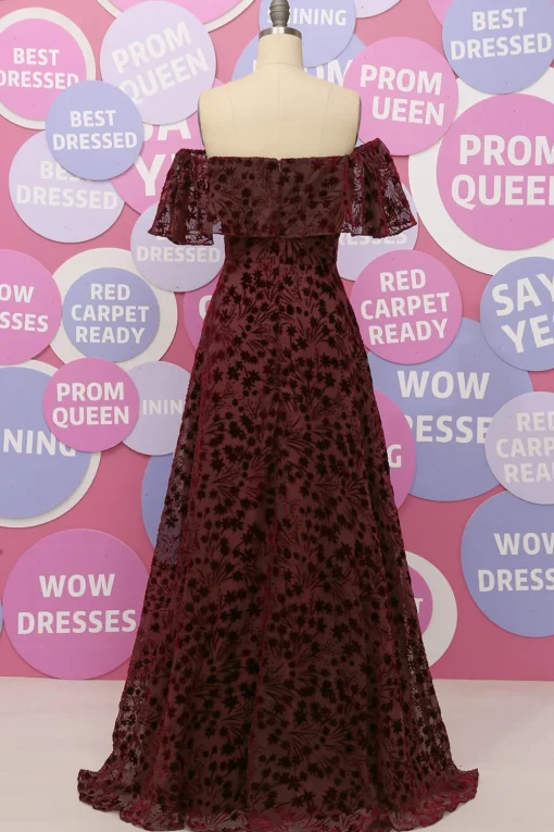 Off The Shoulder Burgundy Flower Lace Formal Dress