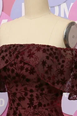 Off The Shoulder Burgundy Flower Lace Formal Dress