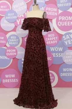 Off The Shoulder Burgundy Flower Lace Formal Dress