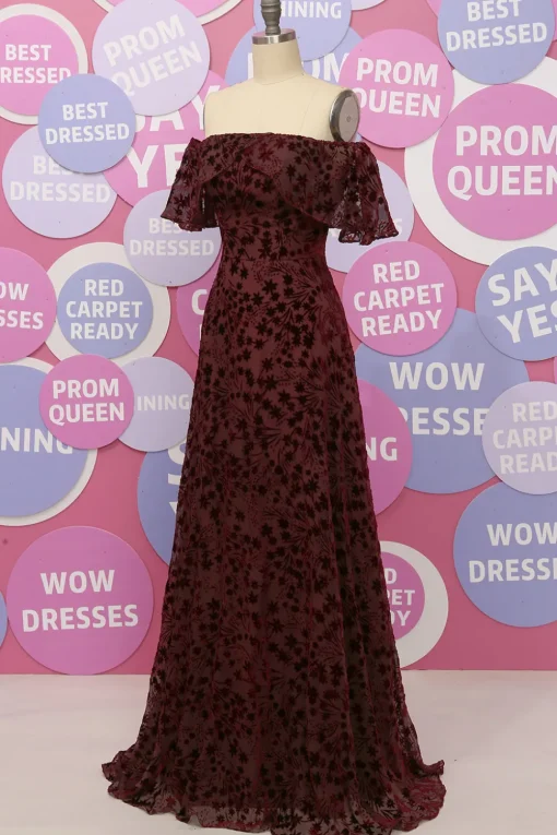 Off The Shoulder Burgundy Flower Lace Formal Dress